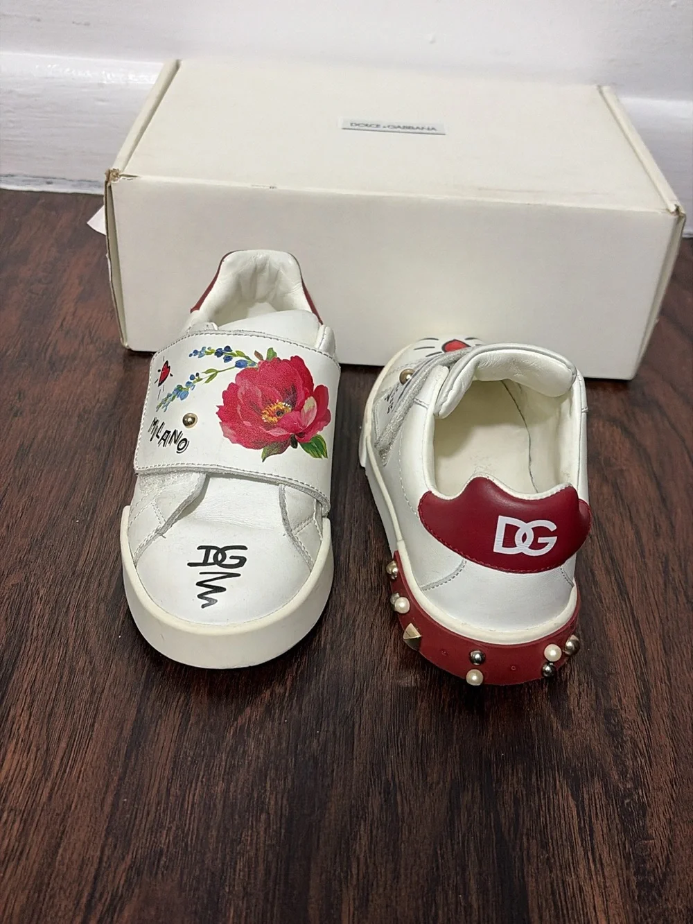 Dolce & Gabbana White Kids Floral Leather Velcro Sneakers with Red Accents